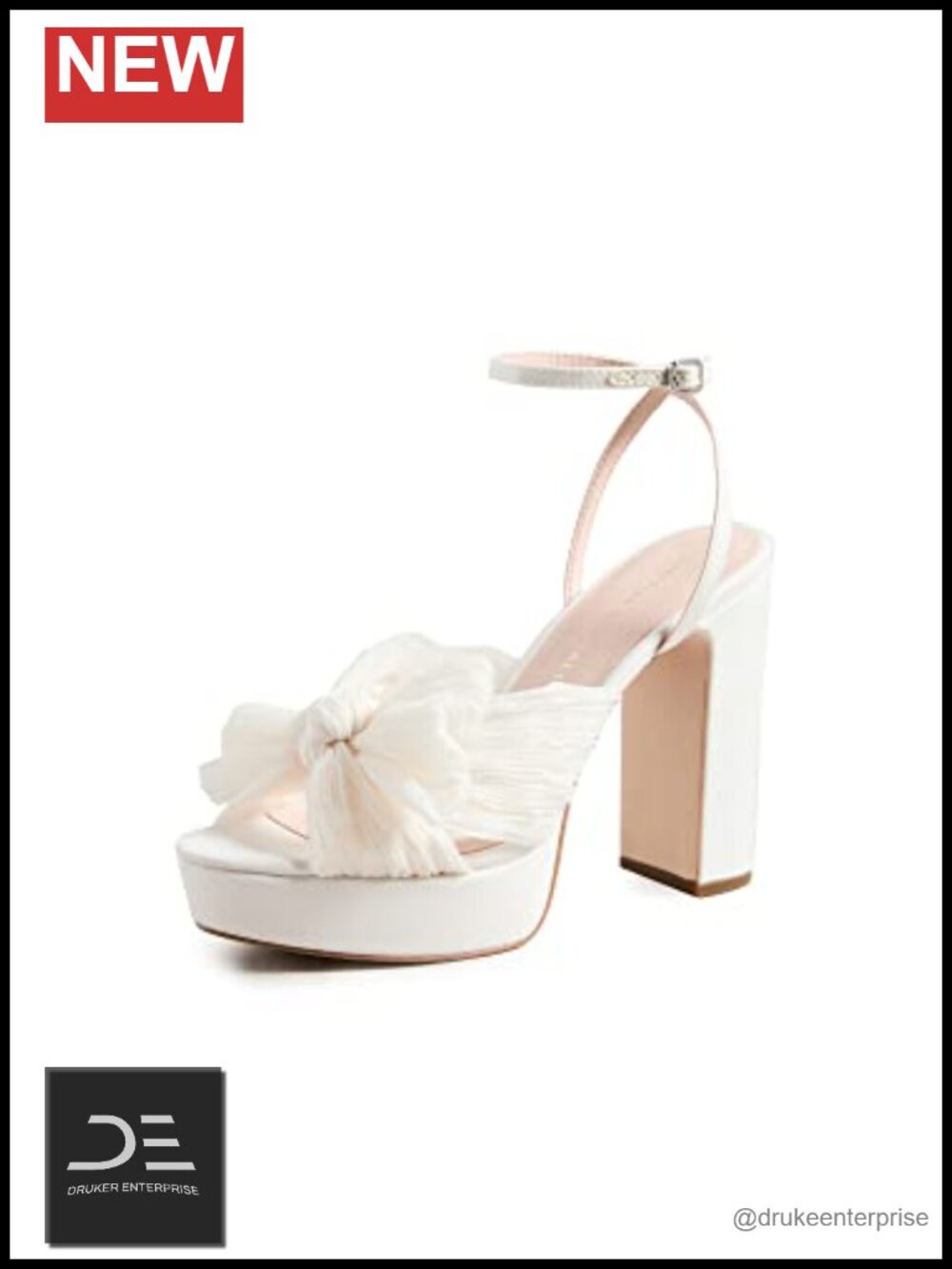 Chiffon Platform Pleated Bow Heels Chunky 4.5in Block Heel Ankle Strap